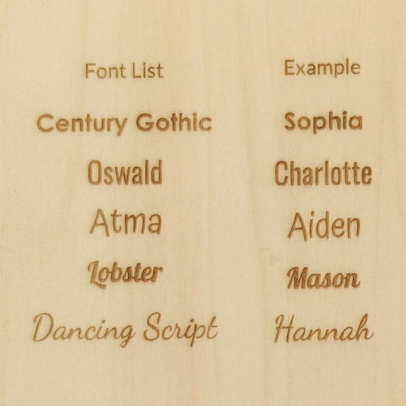 May include: A wooden panel displays a font list with examples. The text includes "Font List" and "Example" at the top, followed by font names like "Century Gothic" and "Dancing Script" with corresponding example names such as "Sophia" and "Hannah".