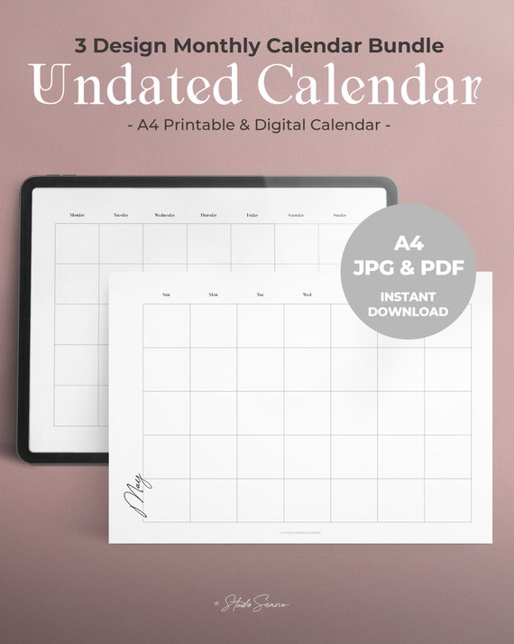 undated monthly calendar printable digital download 3 in 1 etsy