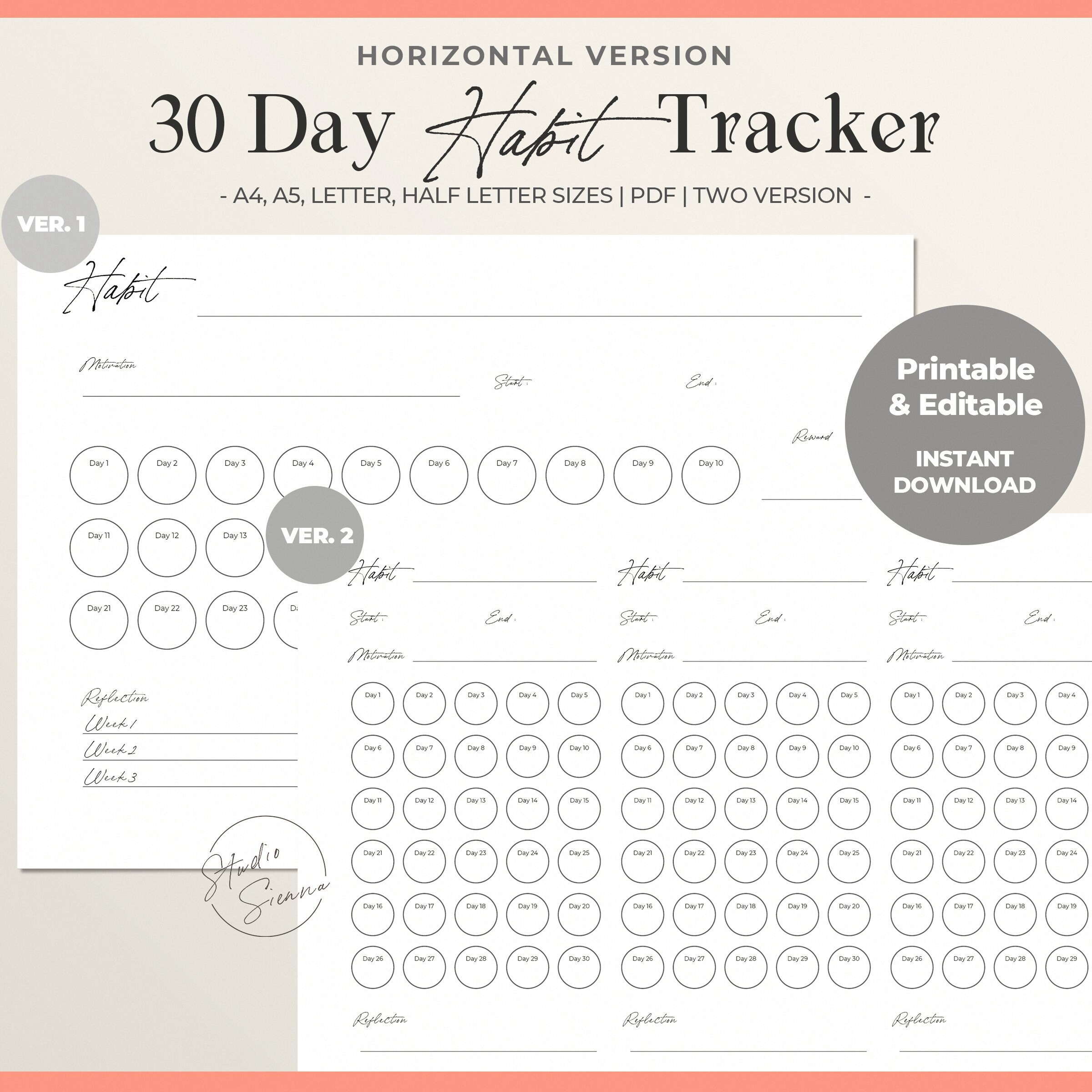 Monthly Habit Challenge, 30 Day Habit Tracker Printable, Horizontal ...