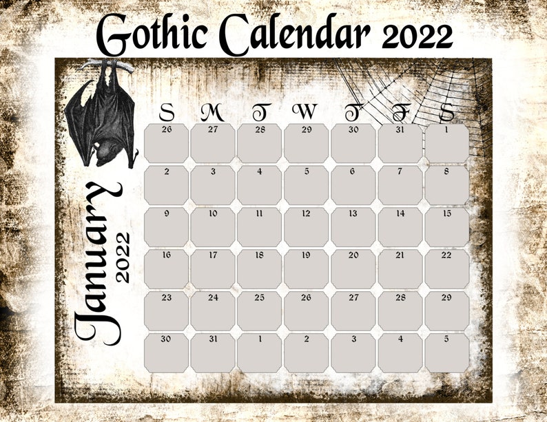Gothic Calendar 2022 Printable Monthly Calendar 11x8.5 Inch Etsy