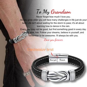 Gifts for Grandson, Bracelet for Grandson, Men Personalized Infinity Leather Stainless Steel Bracelets, 18th 21st birthday, Graduation gift