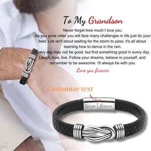 Gifts for Grandson, Bracelet for Grandson, Men Personalized Infinity Leather Stainless Steel Bracelets, 18th 21st birthday, Graduation gift