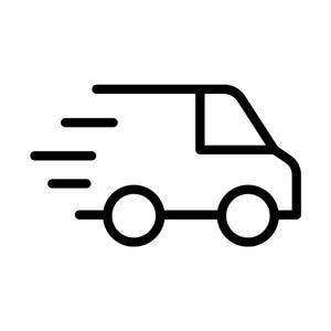 May include: A black and white line drawing of a delivery van with a speed line effect, indicating fast delivery.