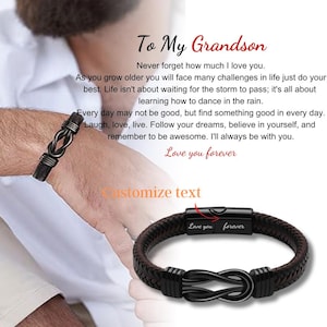 Gifts for Grandson, Bracelet for Grandson, Men Personalized Infinity Leather Stainless Steel Bracelets, 18th 21st birthday, Graduation gift