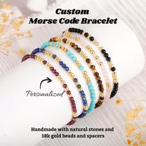Bracciale personalizzato con codice Morse, bracciale personalizzato con pietre naturali e perline in oro 18 carati