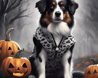 AI Bild Tshirt Halloweens Australian Shepard. Maßgeschneidert für Halloween kann ich Ihr eigenes Hundebild verwenden oder das Bild personalisieren.