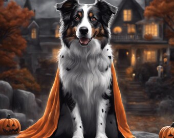 AI Bild auf Sweatshirt Halloween Australian Shepard. Spezialanfertigung für Halloween Ich kann Ihr eigenes Hundebild verwenden oder das Bild personalisieren.
