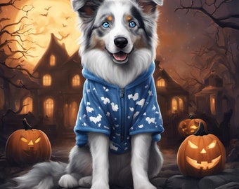 AI Bild auf Poster Halloween Australian Shepard Wanddekor. Kundenspezifische Wanddekor Halloween kann ich Ihr eigenes Hundebild verwenden oder personifizieren.