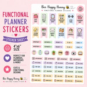 May include: A 4x6 inch sticker sheet titled Bee Happy Hunny featuring various functional planner stickers. The sheet includes colorful flag-shaped icons for tasks like pay day, bills due, and gym time, alongside smaller rectangular labels for goals, reminders, and appointments with cute illustrations.