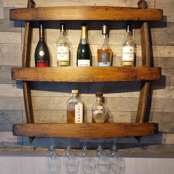 Floating home bar drinks shelf. Made from wine barrel staves