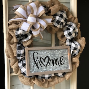 Farmhouse Burlap Wreath "HOME", buffalo check wreath, black and white check wreath, burlap wreath, farmhouse wreath, custom burlap wreath