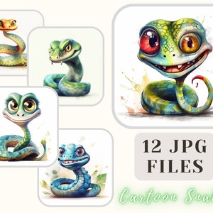 Coleção de cobras de desenho animado, 12 arquivos jpg, ilustração de cobras engraçadas, pacote de artesanato, papel digital, álbum de recortes, uso comercial