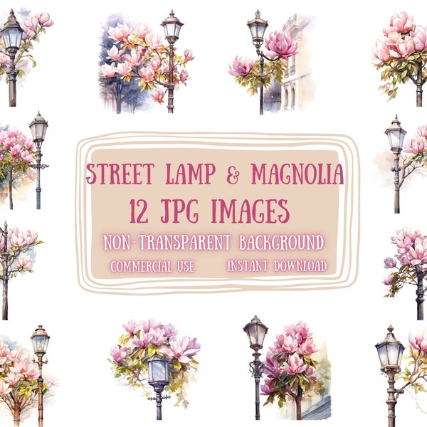 Street Lamp and Magnolia Flower Clip Art 12 JPG - Street Lamp Clipart Scrapbooking Junk Journaling Digital Paper Clipart Pack Commercial Use