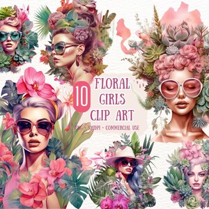 Floral Girl Head Clip Art 10 PNG - Orchid Girls PNG Illustrations - Scrapbooking Crafting Bundle Cartão de papel digital para uso comercial