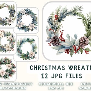 Christmas Wreath Watercolor ClipArt 12 JPG - Christmas Illustration Mix Art Scrapbooking Junk Journaling Instant Download for Commercial Use