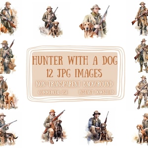 Aquarela Hunter com um cachorro 12 JPG - Hunter Illustrations Hunter Art Scrapbooking Junk Journaling Cartão de papel digital para uso comercial