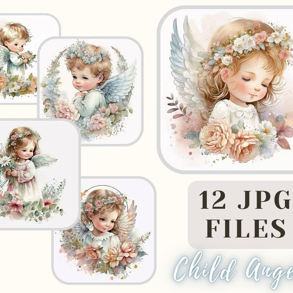 Dziecko anioły clipart 12 plików JPG śliczne anioły ilustracja anioł sztuki Scrapbooking Crafting Bundle Digital Paper Card Making do użytku komercyjnego