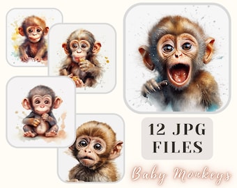 Baby Monkeys Watercolor Collection 12 JPG Files Baby Monkeys Illustration ClipArt Crafting Bundle Digital Paper Scrapbooking Commercial Use