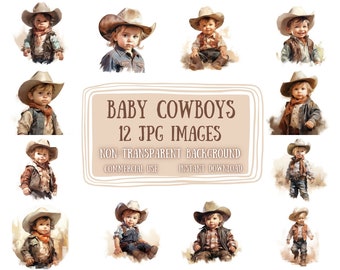 Watercolor Baby Cowboys Clip Art 12 JPG - Child Cowboys Illustrations Scrapbooking Junk Journaling Digital Paper Clipart Pack Commercial Use