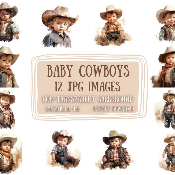 Watercolor Baby Cowboys Clip Art 12 JPG - Child Cowboys Illustrations Scrapbooking Junk Journaling Digital Paper Clipart Pack Commercial Use