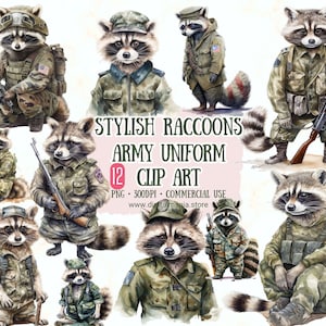 Ratons laveurs élégants en uniforme de l'armée - Pack d'art clip aquarelle pour l'art mural, l'artisanat et le scrapbooking Conceptions de sublimation et graphiques captivants