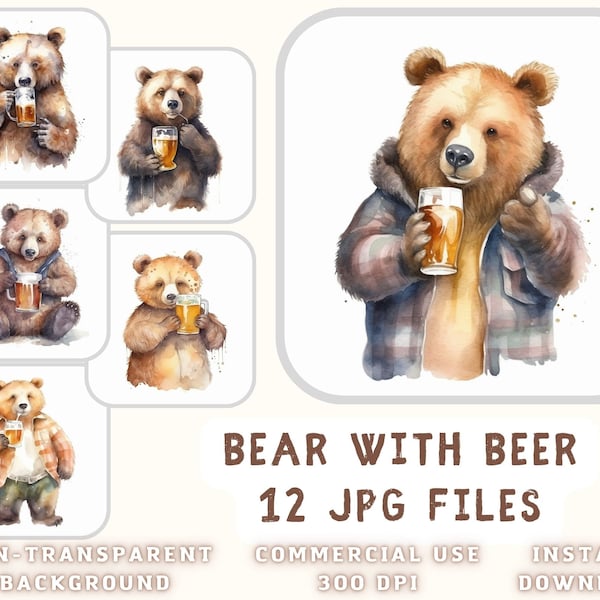 Bear with Beer Watercolor Clip Art 12 JPG - Bear with Beer Images Bears Scrapbooking Junk Journaling Mixed Media Card Making Commercial Use