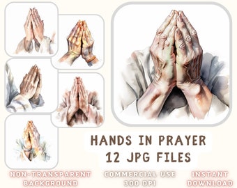 Hands in Prayer Watercolor ClipArt 12 JPG - Baptism ClipArt Prayer Image Scrapbooking Junk Journaling Mixed Media Card Making Commercial Use