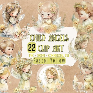 Kind Engel Clipart Pastell Gelb 22 PNG Engel Illustration Clip Art Scrapbooking Basteln Bundle Digitales Papier Karte Herstellung Kommerzielle Nutzung