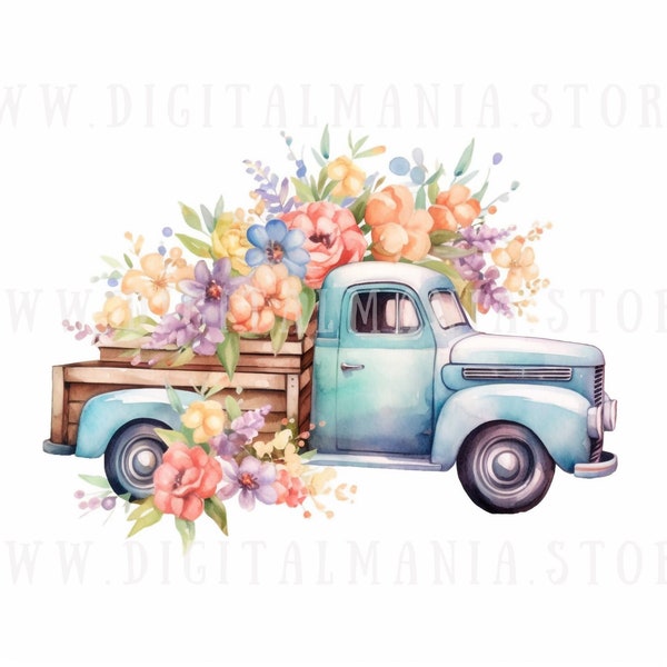 Old Floral Truck Watercolor Clip Art 12 JPG - Truck with Flower Scrapbooking Junk Journaling Decoupage Images Clipart Bundles Commercial Use