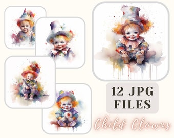 Baby Clowns Watercolor Collection 12 JPG - Child Clown Illustration - Clown Art - Crafting Bundle Digital Paper Scrapbooking Commercial Use