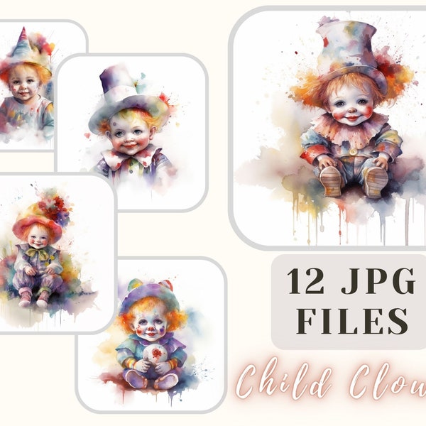Bébé Clowns Aquarelle Collection 12 JPG - Enfant Clown Illustration - Clown Art - Artisanat Bundle Papier numérique Scrapbooking Utilisation commerciale
