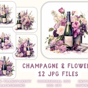 Champán con flores acuarela Clip Art 12 JPG - imágenes de champán Scrapbooking basura diario tarjeta de medios mixtos hacer uso comercial
