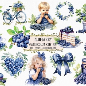 Watercolor Blueberry Clip Art - 18 PNG Watercolor Fruits Blueberry Art Scrapbooking Crafting Bundle Instant Download for Commercial Use