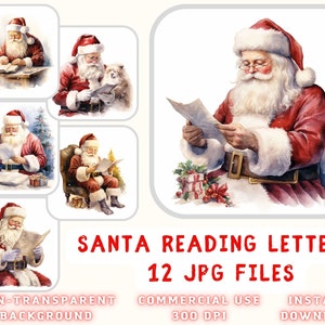 Père Noël lecture lettres aquarelle Clipart 12 JPG - Père Noël Noël Scrapbooking Junk Journaling Mixed Media Card Making Commercial Use
