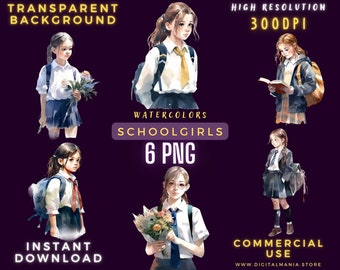 Watercolor Schoolgirls - Transparent background PNG - Schoolgirls ClipArt PNG - Crafting Bundle Digital Paper Scrapbooking Commercial Use