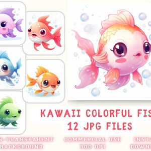Kawaii Fish Watercolor ClipArt 12 JPG Fish Clip Art Cartoon Fish Mix Art Scrapbooking Junk Journaling Instant Download for Commercial Use