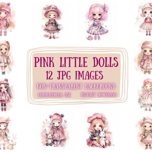 Aquarell Rosa Puppen 12 JPG Dateien Niedliche Puppen Illustration Puppen Kunst Scrapbooking Crafting Bundle Digitales Papier Kartenherstellung Kommerzielle Nutzung