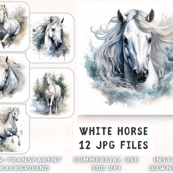 White Horses Watercolor Clip Art - Premium Quality 12 JPG - for Scrap Book, Junk Journal, Mixed Media, Instant Download for Commercial Use