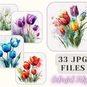 Bunte Tulpen Clipart Bundle 33 JPG-Dateien Tulpen Illustration Scrapbooking Crafting Bundle Digitales Papier Kartenherstellung kommerzielle Nutzung