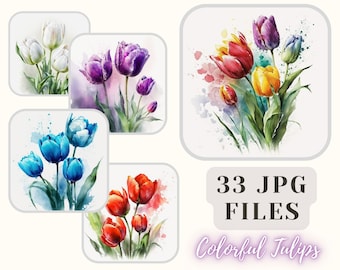 Tulipes colorées Clipart Bundle 33 fichiers JPG tulipes Illustration Scrapbooking artisanat Bundle carte papier numérique faisant un usage Commercial