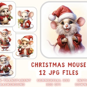 Christmas Mouse Watercolor ClipArt 12 JPG - Christmas Illustration Mix Art Scrapbooking Junk Journaling Instant Download for Commercial Use