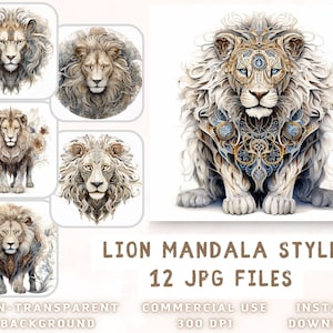 León estilo mandala - Calidad premium 12 JPG - Planificador digital, Libro de recortes, Medios mixtos, Descarga digital - Uso comercial incluido