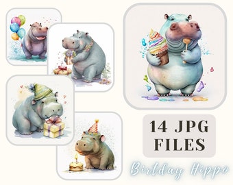 Birthday Hippo Collection 14 JPG Files Hippo Illustration Happy Hippo Clipart Crafting Bundle Digital Paper Scrapbooking Commercial Use