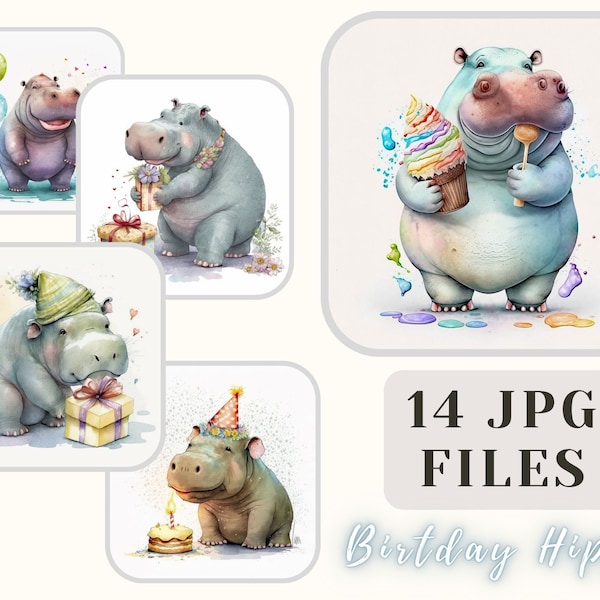 Birthday Hippo Collection 14 JPG Files Hippo Illustration Happy Hippo Clipart Crafting Bundle Digital Paper Scrapbooking Commercial Use