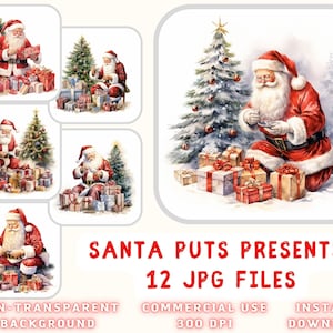 Papai Noel coloca presente Aquarela Clipart 12 JPG - Papai Noel Natal Arte Scrapbooking Junk Journaling Cartão de mídia mista Fazendo uso comercial