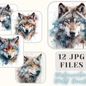 Wolf Heads Watercolor Collection 12 JPG Files Wolf Heads Illustration Wolf ClipArt Crafting Bundle Digital Paper Scrapbooking Commercial Use
