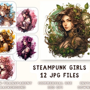 Steampunk Colorful Girls Acquerello Clip Art 12 JPG - Steampunk Clipart Junk Journaling Mixed Media Steampunkcore Card Making Uso commerciale