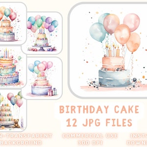 Gâteau d'anniversaire aquarelle ClipArt 12 JPG - Illustrations d'anniversaire Gâteaux Art Scrapbooking Junk Journaling Téléchargement instantané pour un usage commercial