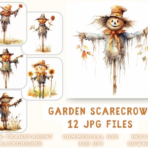 Garden Scarecrow Watercolor Clip Art 12 JPG - Garden Scarecrow Design Scrapbooking Junk Journaling Mixed Media Card Making Commercial Use
