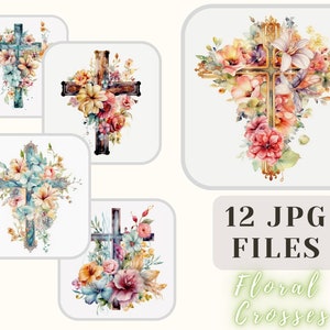 Coleção de cruzes florais 12 JPG Aquarela Cruzes de Páscoa Ilustração ClipArt Crafting Bundle Papel digital Scrapbooking Uso comercial